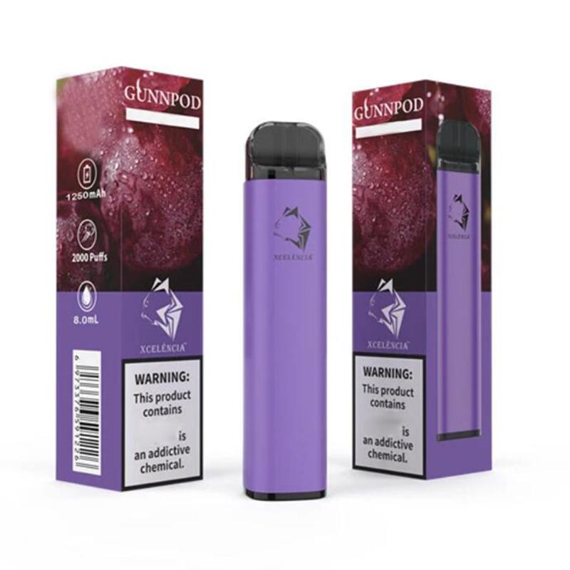 Gunnpod 2000 Puffs Előretöltött eldobható vape 1250mAh Akkumulátor E Cigaretta Délye 18350 8ml párologtató Starter Kit vs Elf Bar 20 Flavs Pen Pod Puff Gunpod